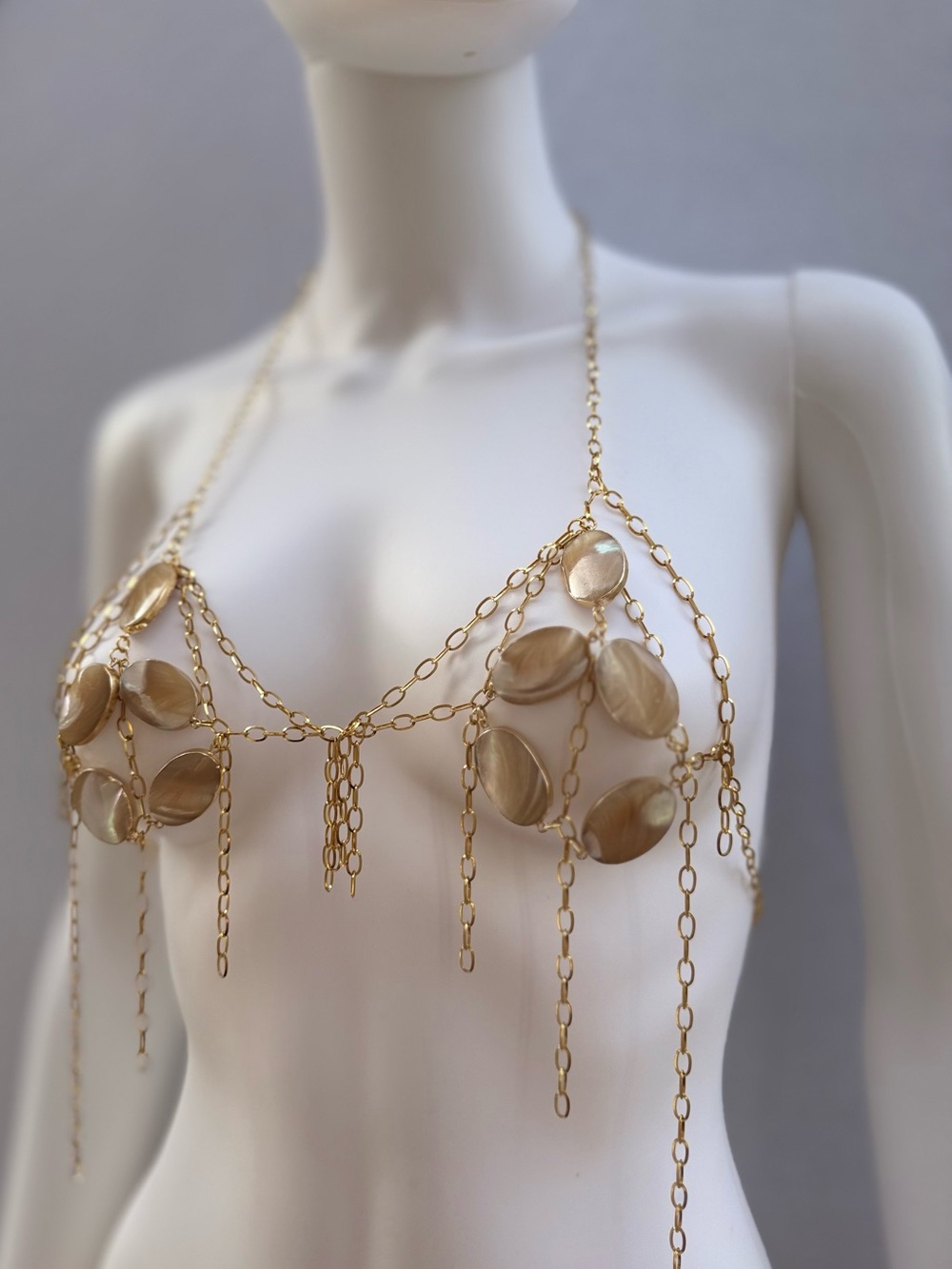 Gold Chain and Shell Disc Body Chain Bra Top